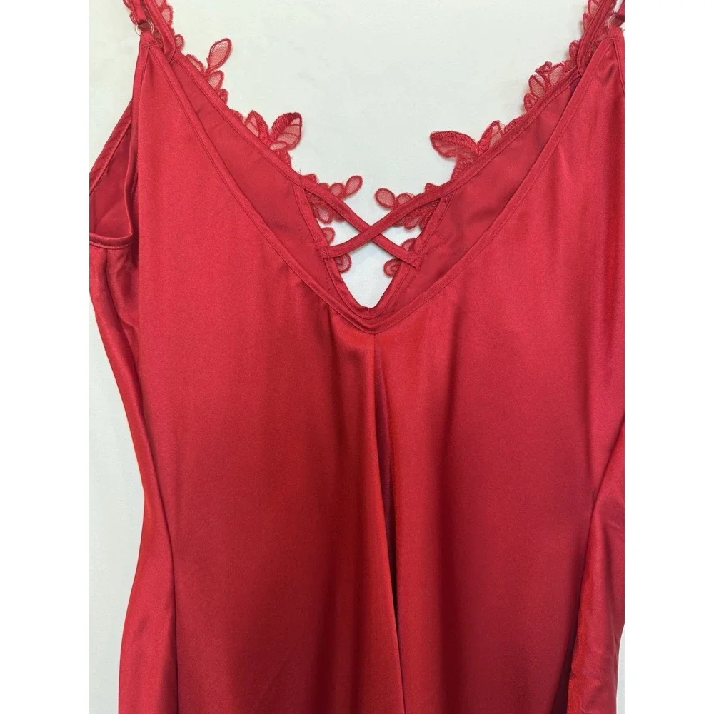 Vintage 90s Shirley Hollywood Satin‎ Lace Mini Cami Slip Dress Size M Red Sheer